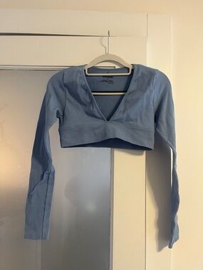 Garage Light Blue Ribbed V-Neck Long Sleeve Crop Top